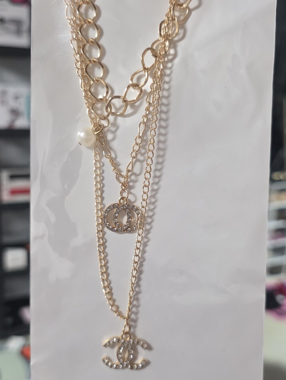 Gold Multi-Layer Pearl & Crystal Charm Necklace